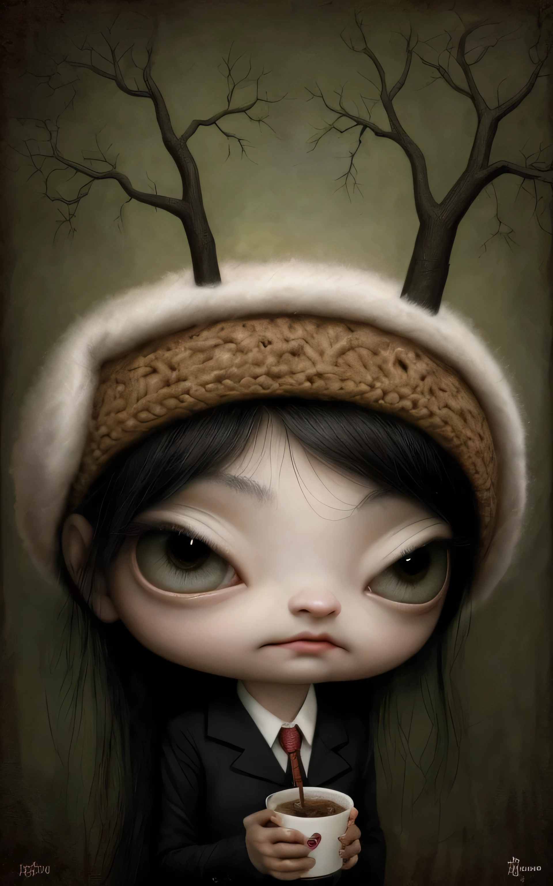 Pintura de una obeja negra triste con un sombrero negro y una nariz negra, Estilo Mark Ryden, Estilo de Mark Ryden, Mark Ryden en el estilo de, Mark Ryden muy detallado, inspirado por Mark Ryden, por Mark Ryden, Gary Baseman, benjamin lacombe, Anton Semenov, "Retrato de una obeja, Arte lowbrow,  holding a starbucks coffee, drinking coffee, holding glass of coffee, coffee lover, cute