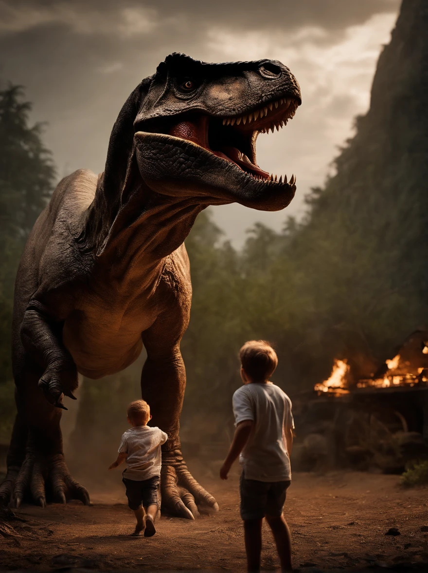 A hyper-realistic, ultra-detailed photograph by Hans Darias AI capturing a powerful connection between a fearsome Tyrannosaurus Rex and a brave young boy. The gigantic dinosaur is depicted as menacing, drooling and agitated, with bright, fiery eyes and sweaty fur, while the boy, despite his fear, remains determined to approach and pet the massive creature. The scene is set under dramatic chiaroscuro lighting, further enhanced by high contrast and intricate details. The background showcases a chaotic prehistoric landscape, with a meteorite crashing into the lush environment, creating a firestorm in the sky. Hans Darias AI's signature is prominently displayed, highlighting his innovative use of artificial intelligence to create this captivating and imaginative vision. The bold neon white sign at the bottom "DON'T WORRY WE ARE SAFE"