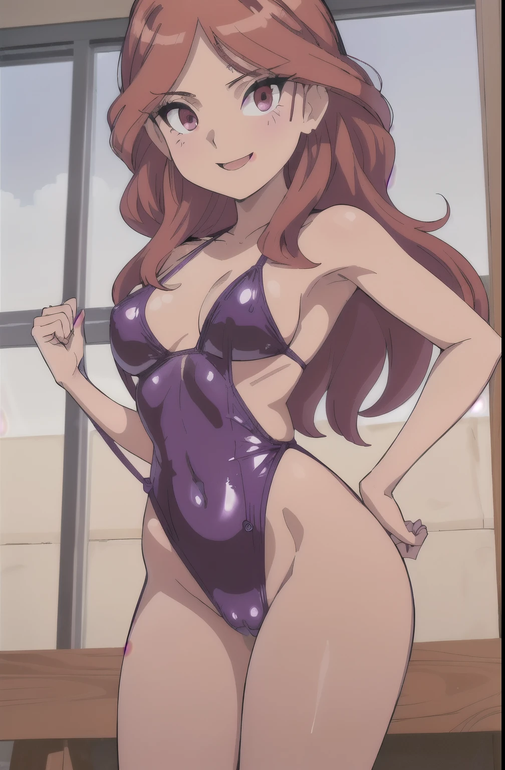 Nelly, pechos grandes,  ,cabello marron
(mejor calidad, Obra maestra, foto cruda,ultra detallado:1.2), 1 chica,solo,mirando al espectador,sonrisa,lleva un  purple swimsuit,purple swmisuit,purple latex swimsuit,purple swimsuit,sexy