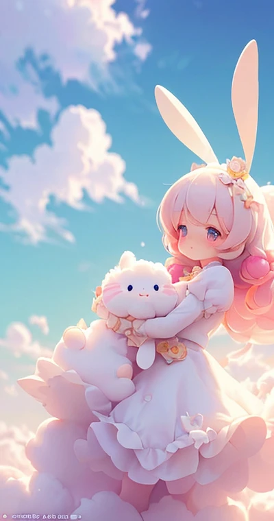 Bunny Morphing Girl, fluffy, soft ((highest quality)), ( Extremely detailed, Best details, Official Art, Beauty and aesthetics: 1.2), Depth of written border, composition, whole body, (a bit), (Beautiful and detailed: 1.3), (wonderful:1), Colorful clouds blurred background,1girl,