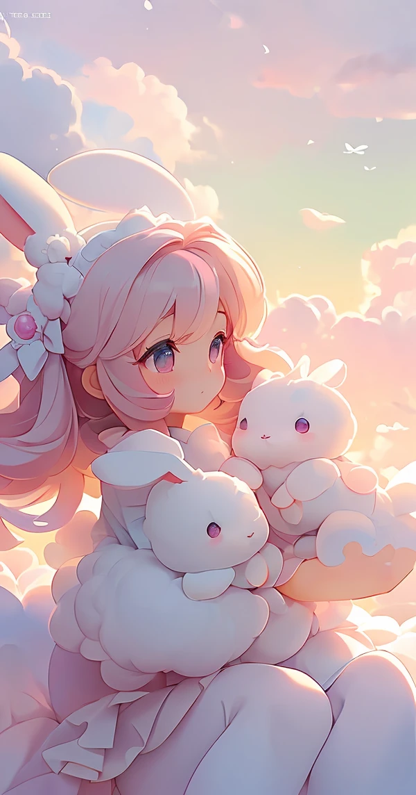 Bunny Morphing Girl, fluffy, soft ((highest quality)), ( Extremely detailed, Best details, Official Art, Beauty and aesthetics: 1.2), Depth of written border, composition, whole body, (a bit), (Beautiful and detailed: 1.3), (wonderful:1), Colorful clouds blurred background,1girl,