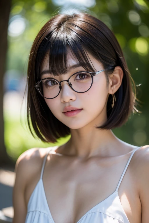 ((One girl)), 20 years old, Japan, RAW, 8K, highest quality, masterpiece high definition, ultra realistic sweet girl, beautiful face, beautiful body, topless, natural light, (delicate human skin texture, detailed beautiful face), black frame glasses, tear mole, (small_bust), (laugh:1.0), (brown_eyes), natural_make, (short bob, Linear bangs),