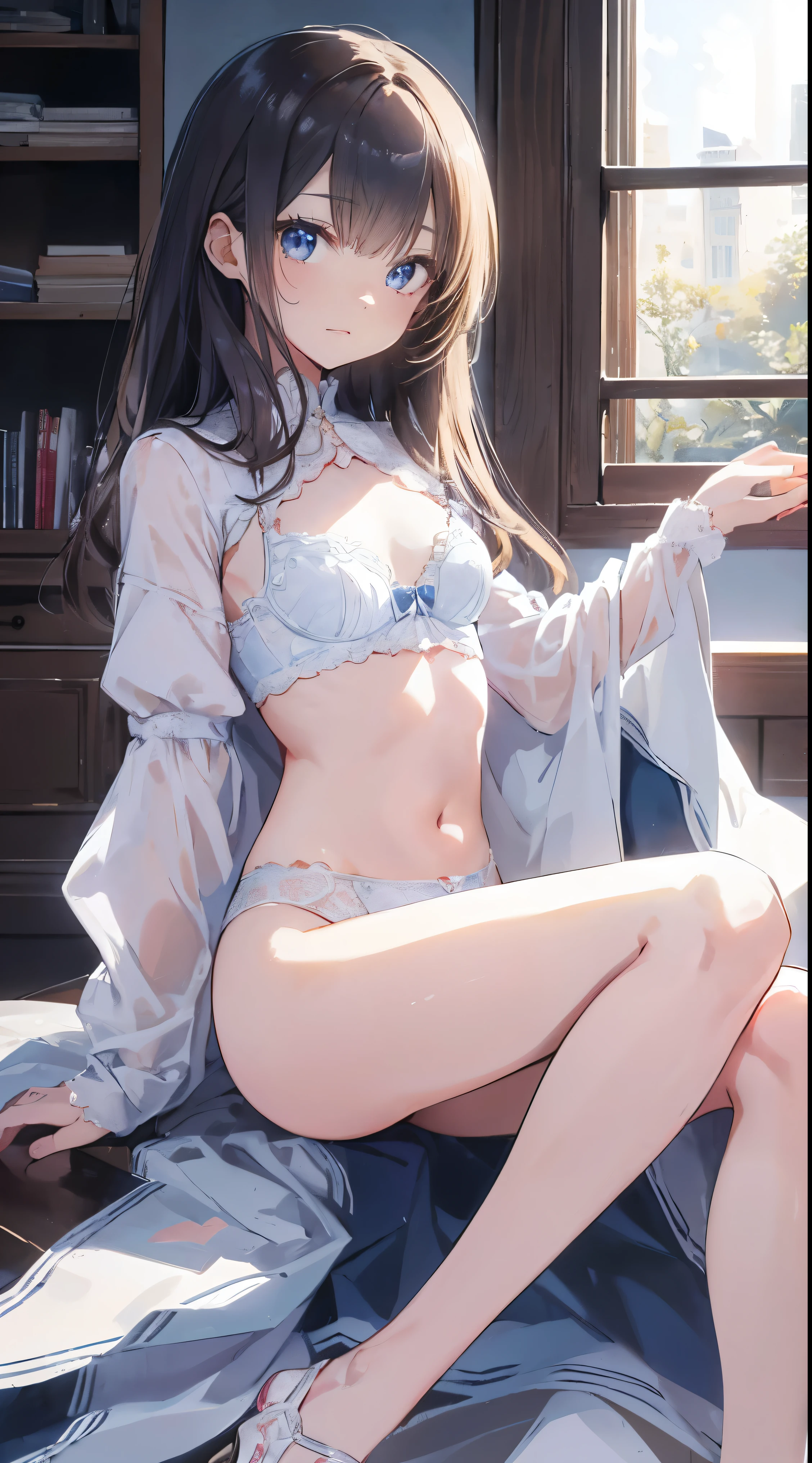 Masterpiece、Highest quality、highest quality、(((Lori)))、 ((((Petite))))、Shiny hair quality、Small face、Sitting、Super detailed, beautiful, wide eyes、Ultra-detailed, clear and beautiful faces、(cute illustration:1.2), High-resolution, ultra-detailed, best quality, embarrassed 、Cute white underwear、Thighs