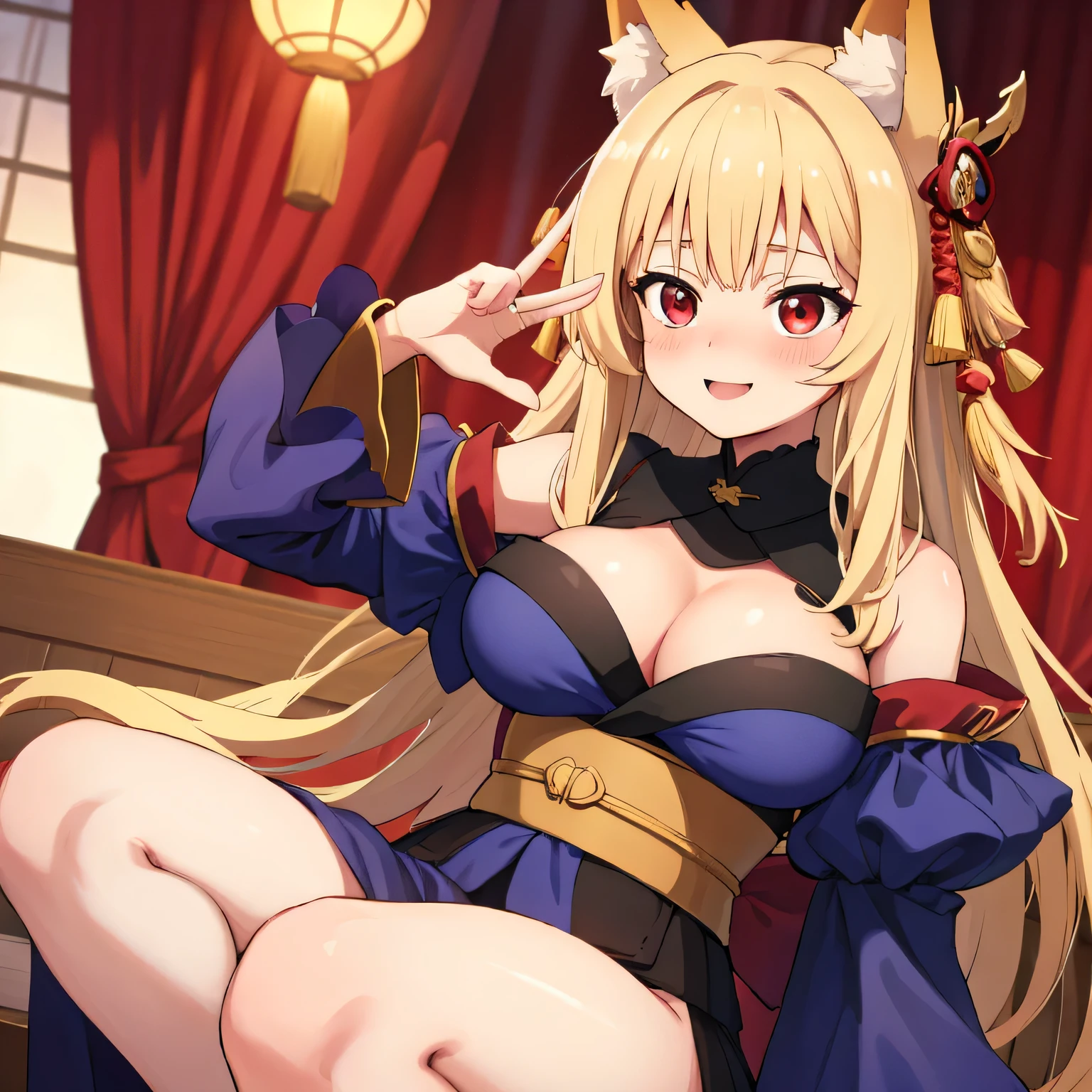 highest quality、、Big Breasts、Cleavage、Fox ears、Long blonde、Red Eye、kimono、smile、blush、Japanese-style room