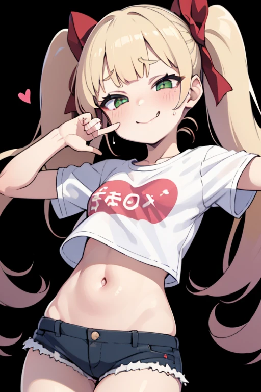 1 girl, heart-shaped pupils, put your hand on your face, (blond hair), (green eyes), (blush:1.1), Upper body, trembling, Sweat, Sweatdrop, heart, (speed line:1.1), ((Flat milk)), ((heavy breathing:1.3)), like, heart, bratty, mesugaki expresion, teasing pose, brat, ta, Happy, smile,Yandere, long hair, (twintails), ((LOLI(red bows on hair), ((white crop top t-shirt)), (short denim shorts), denim shorts, simple pink background, smile, midriff, ((mesugake expression at lens)), ((white crop top t-shirt)), oversized t-shirt, (midriff)