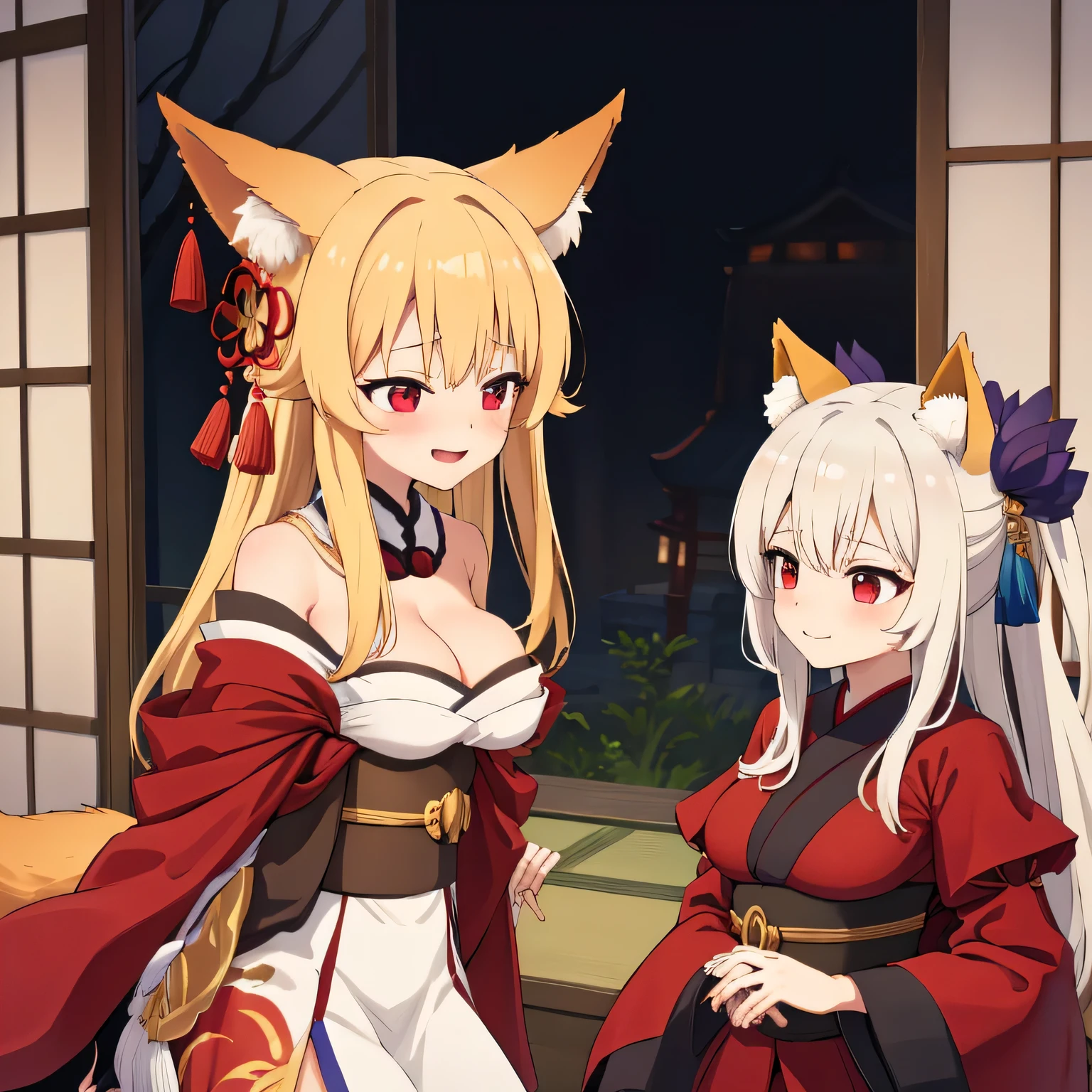 highest quality、、Big Breasts、Cleavage、Fox ears、Long blonde、Red Eye、kimono、smile、blush、Japanese-style room