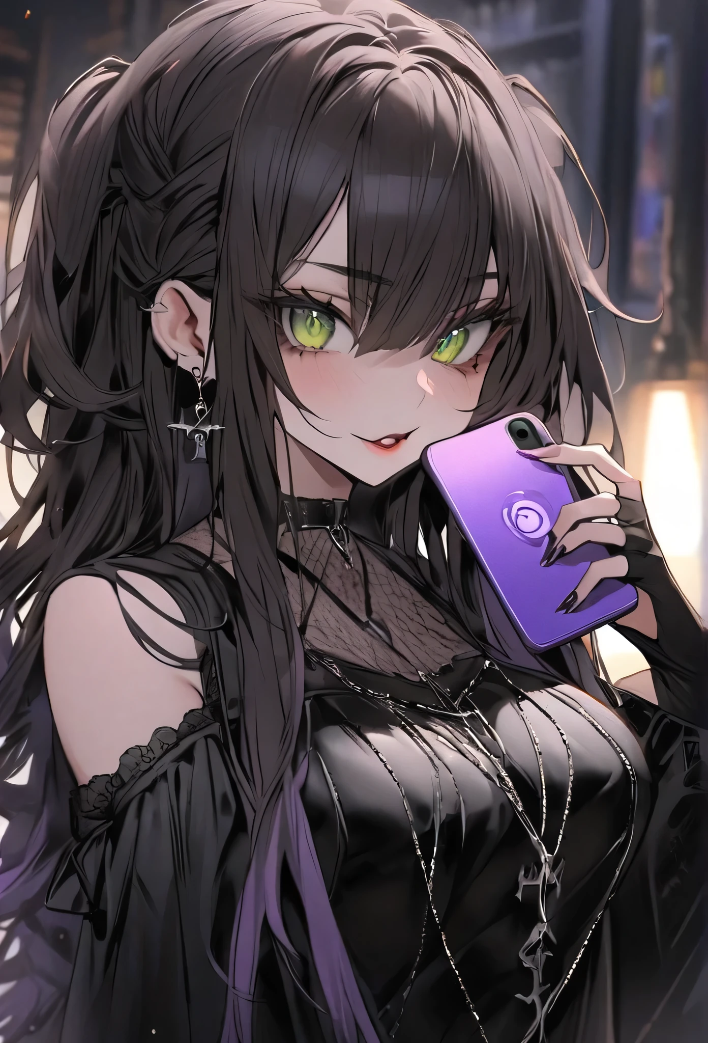 Anime girl with long black hair holding a purple phone - SeaArt AI