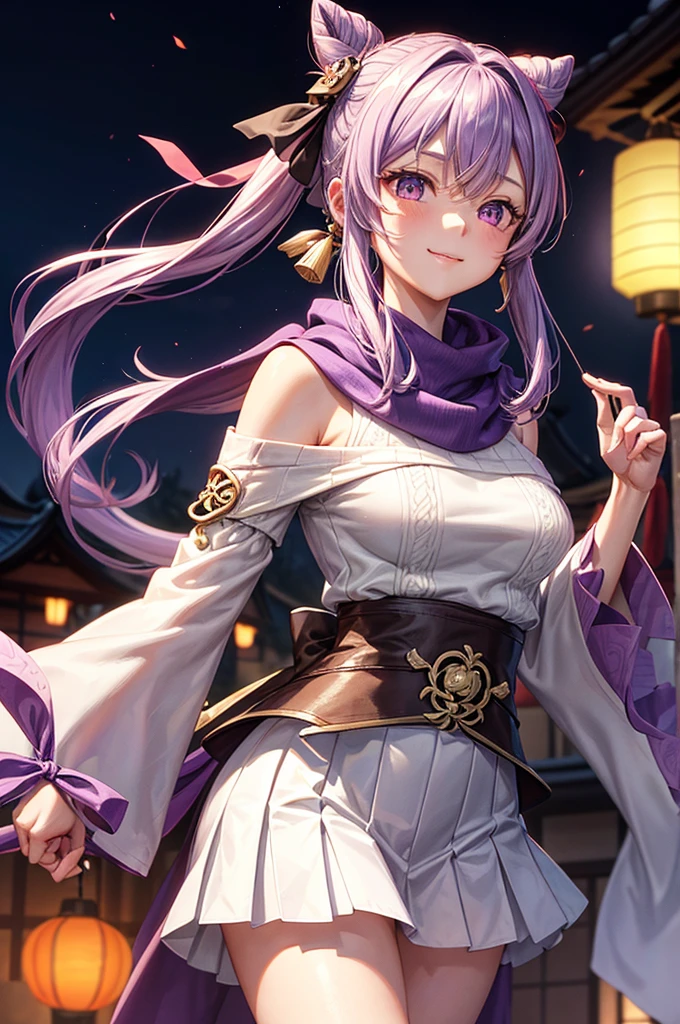 (Realistic style:0.9), masterpiece, best quality, absurd, Looking at the audience, Solitary, Keqing (Lantern Festival) (Genshin Impact), Keqing (Genshin Impact), Hair Bun, skirt, scarf, purple sweater, white skirt, purple hair, sweater, Double tail, Purple Eyes, Diamond-shaped pupil, Hair accessories, 裸Off-shoulder膀, Smile, breast, cone Hair Bun, Long hair, belt, Double the goodness, Long sleeve, Bangs, bow, Flowering, hair bow,ribbon, hair ribbon, Weaving, lattice scarf, lattice, Off-shoulder