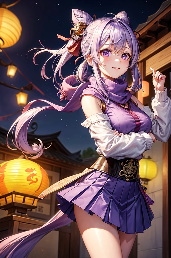 (Realistic style:0.9), masterpiece, best quality,  absurd, Looking at the audience, Solitary, Keqing (Lantern Festival) (Genshin Impact), Keqing (Genshin Impact), Hair Bun, skirt, scarf, purple sweater, white skirt, purple hair, sweater, Double tail, Purple Eyes, Diamond-shaped pupil, Hair accessories, 裸Off-shoulder膀, Smile, breast, cone Hair Bun, Long hair, belt, Double the goodness, Long sleeve, Bangs, bow, Flowering, hair bow,ribbon, hair ribbon, Weaving, lattice scarf, lattice, Off-shoulder