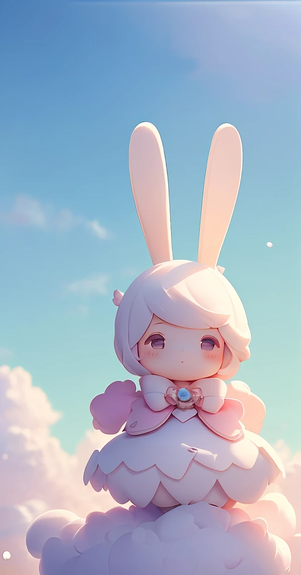 Bunny Morphing Girl, fluffy, soft ((highest quality)), ( Extremely detailed, Best details, Official Art, Beauty and aesthetics: 1.2), Depth of written border, composition, whole body, (a bit), (Beautiful and detailed: 1.3), (wonderful:1), Colorful clouds blurred background,1girl,