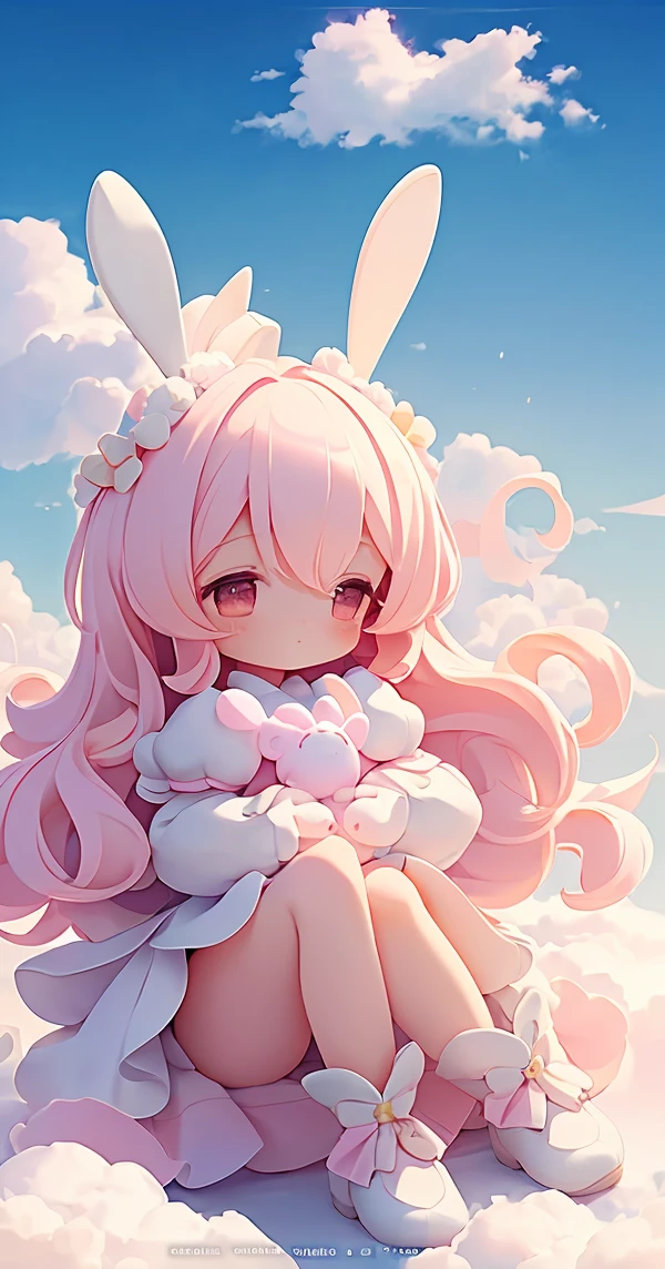 Bunny Morphing Girl, fluffy, soft ((highest quality)), ( Extremely detailed, Best details, Official Art, Beauty and aesthetics: 1.2), Depth of written border, composition, whole body, (a bit), (Beautiful and detailed: 1.3), (wonderful:1), Colorful clouds blurred background,1girl,