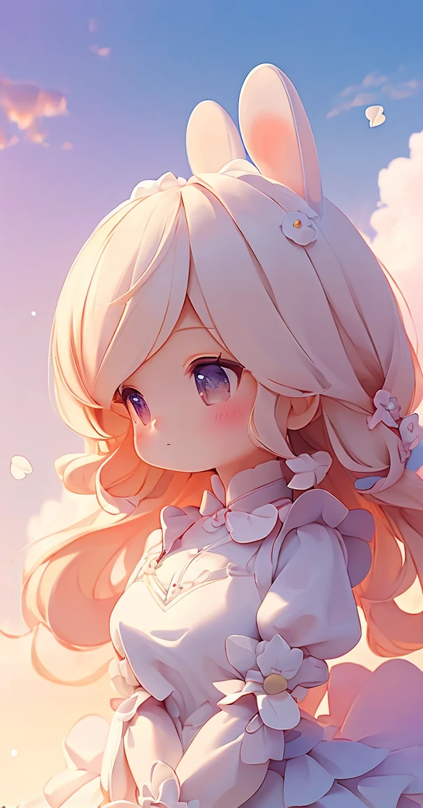 Bunny Morphing Girl, fluffy, soft ((highest quality)), ( Extremely detailed, Best details, Official Art, Beauty and aesthetics: 1.2), Depth of written border, composition, whole body, (a bit), (Beautiful and detailed: 1.3), (wonderful:1), Colorful clouds blurred background,1girl,