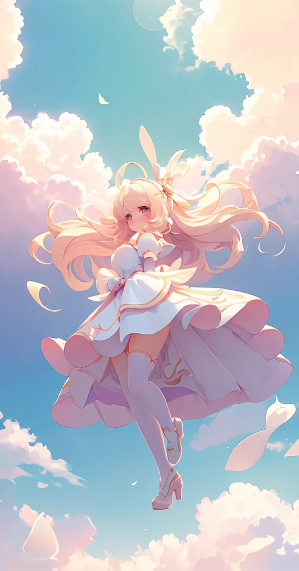 Bunny Morphing Girl, fluffy, soft ((highest quality)), ( Extremely detailed, Best details, Official Art, Beauty and aesthetics: 1.2), Depth of written border, composition, whole body, (a bit), (Beautiful and detailed: 1.3), (wonderful:1), Colorful clouds blurred background,1girl,