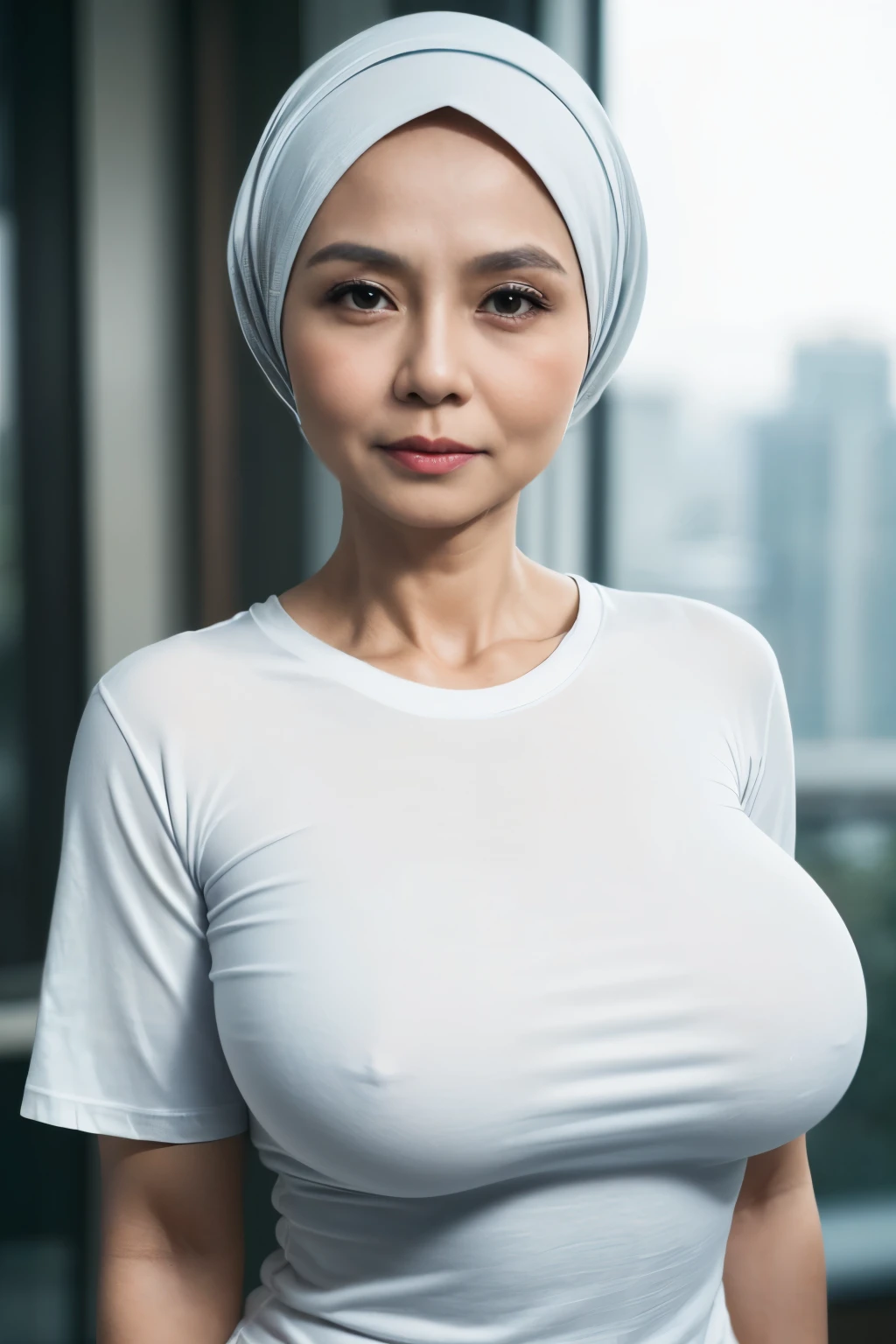 ((Old Lady:1.5)), ((SHORT HIJAB)), ((Gigantic tits:1. 3)), (dynamic photograph of a 58 year old Indonesian woman), (slim top, cotton panties), (straight non curly hair), (highly detailed face:1.4), (vascular muscles and abs:1.3), (background inside light, bright, private gym:1.1), (8k, uhd, dslr, high quality, cinematic lighting, bokeh), (dramatic, award winning photography, incredible masterpiece:1.3), (((sexy sultry stare at camera:0.8))), ((she is ready to dominate you:0.5)), ((beautiful feminine face)), add_detail:1, (((wearing huge size t-shirt white without pictures )))
