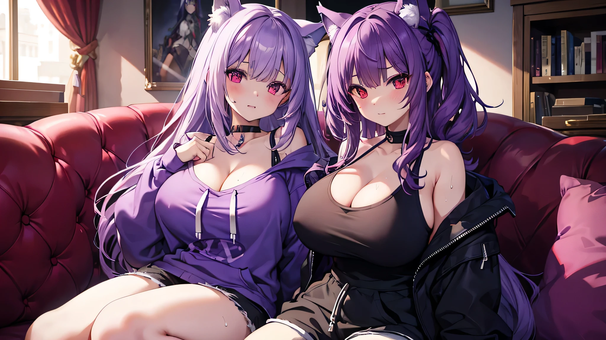 Purple Hair　Cat ear　Purple Eye　naked　smile　One-handed peace sign　Embarrassed face　Brat　Big Breasts　Tongue out　Wink　Sitting on the bed　Tsundere　Tongue Piercing　Women　Nipples　Showing female genitalia here