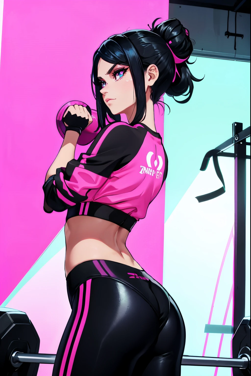 back view, back view,Selena Gomez  con un deportivo pink and black y leggings, Two-piece workout clothes., Neon pink, Energetic Varia Suit, dark pink, cottage!! fitness body, dark pink y negro, Симпатичная sportswear, pink body, red Neon, tight clothes, pink and black, neon pink and black color scheme, sportswear, Neon,(fondo de un gimnasio gym:1.4),(gym:1.4) (Manos in detail),,More detailed 8K.Unreal engine:1.4,UHD,La Best quality:1.4, photorealistic:1.4, skin texture:1.4, masterpiece:1.8,masterpiece, Best quality,Объект Object], (Detailed facial features:1.3),detailed eyes,((Correct proportions))Women&#39;s sports kits, honeycomb workout clothes for women, mesh sports biker shorts, Orange Lycra Yoga Fitness Suit,Синий фон в gymе,(Hermosa sexy ),(Detailed blue eyes)