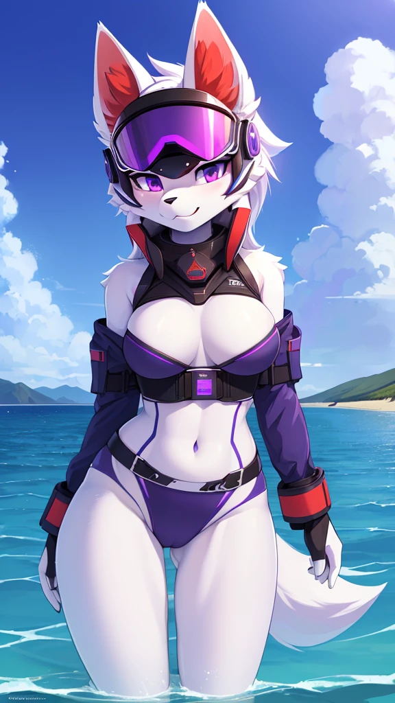 ((best quality, Masterpiece, perfect anatomy, Detailed pictures)), 1 female, arctic protogen, arctic wolf, Long visor, purple visor, purple eyes, sexy body, Big Pong, Future military clothing, fluffy tail, red red, shy, in the sea, front view