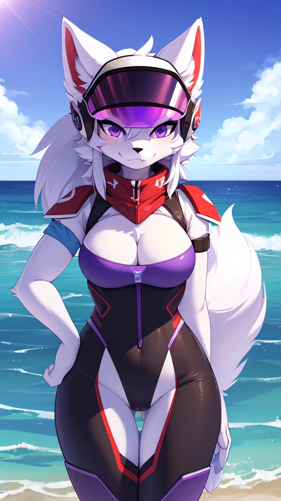 ((best quality, Masterpiece, perfect anatomy, Detailed pictures)), 1 female, arctic protogen, arctic wolf, Long visor, purple visor, purple eyes, sexy body, Big Pong, Future military clothing, fluffy tail, red red, shy, in the sea, front view
