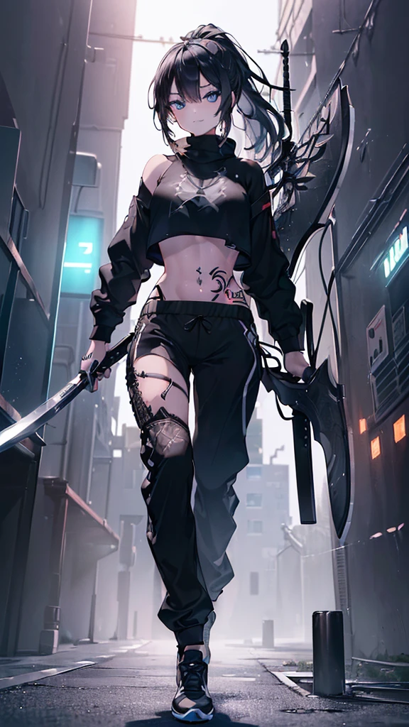 (((((extremely detailed CG unity 8k wallpaper)))), (((ultra-detailed))), (((extremely detailed))), (((best illustration))), best illumination, ((extremely delicate and beautiful)), ((an extremely delicate and beautiful girl)), colourful, modern, (tokyo (city)), ((girl (solo))), ((finely detailed beautiful eyes and detailed face)), (((black hair))), (((really long ponytail))), no bangs, shiny hair, ((blue eyes(glowing))), beautiful detailed eyes, mature female, delinquent girl, ((black tattoo on thigh)), slender, medium breast, (((intricate details))), (((hold big Claymore in one hand))), (black crop top sweatshirt), (black jogger pants), sport shoes, bishoujo, smile, cold stare, cool