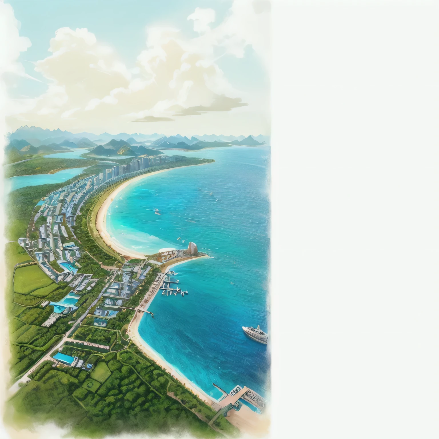 There is a photo of a tropical island, Detailed scenery —width 672, Digital Rendering, Aerial illustration, coastalline, Background of Fuxing Port City, Detailed screenshots, coastal, sun coastal, Guangjian, author：Yang Borun, Aerial View, Aerial View, Eye level view, illustration, Aerial View