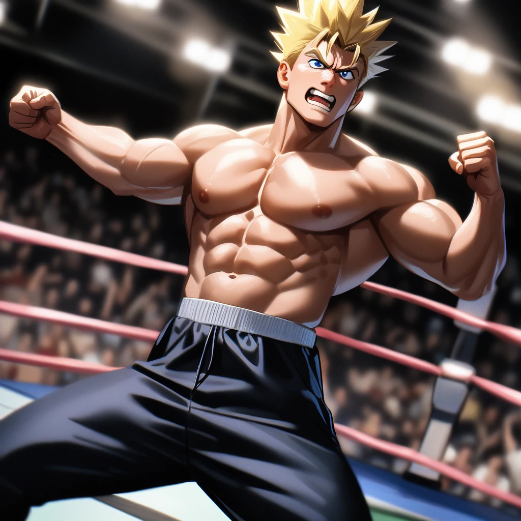1guy, heavy weight muscular, black wrestling-brief, solo, topless, blonde, hollywood action, fighting posing, masculine handsome guy, tsurime, sanpaku, blue eyes, spiked hair, nipples, abs, male high ratio body proportions, dramatic expression, dutch angle, on wrestling ring, thick waist, 1990s, [[[[[cinematic shadows, cinematic lighting, lens flare, light leaks]]]]], VHS Quality