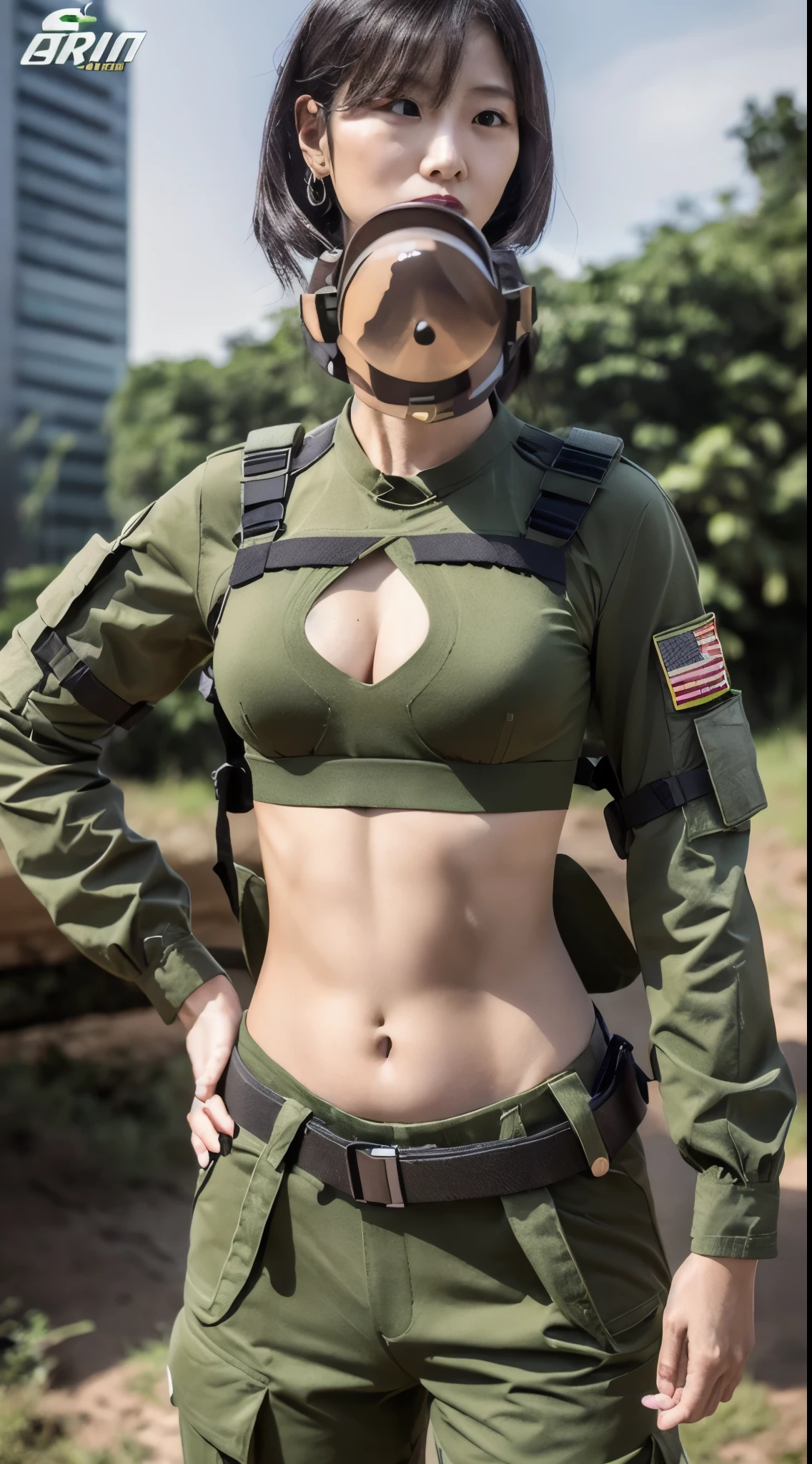 Women in crop top military uniform, 40 years-old, crop top, exposed the entire abdomen area, ((exposed abdomen area around belly button)), ( green low waist cargo pants), belt, tactical, gun, (carrying assault rifle), dressed in tactical armor