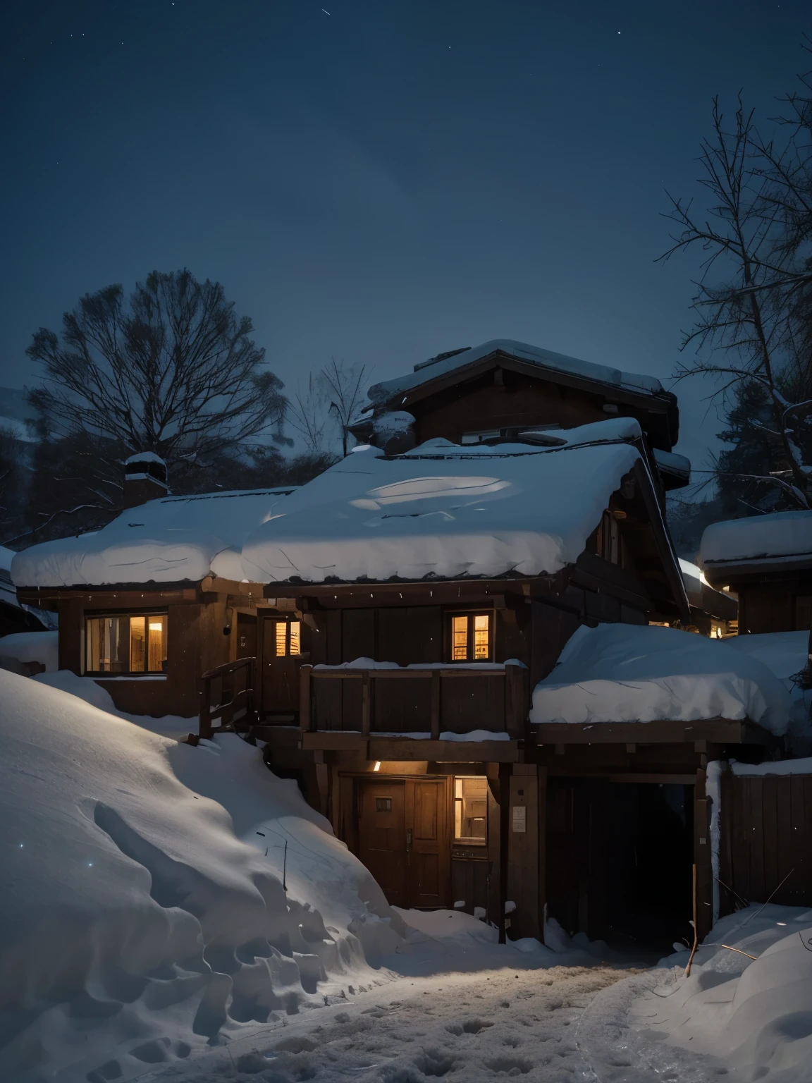 A serene winter night scene in a mountainous region, where traditional thatched-roof houses are blanketed in snow. The warm glow of lights from the windows suggests a cozy atmosphere inside, contrasting with the cold blue tones of the snow-covered landscape. The darkness of the night sky and the surrounding environment accentuates the illumination of the houses. There's a hint of human presence in this secluded area, as evidenced by the lights and the well-trodden paths in the snow. Shoot with wide lens. More house