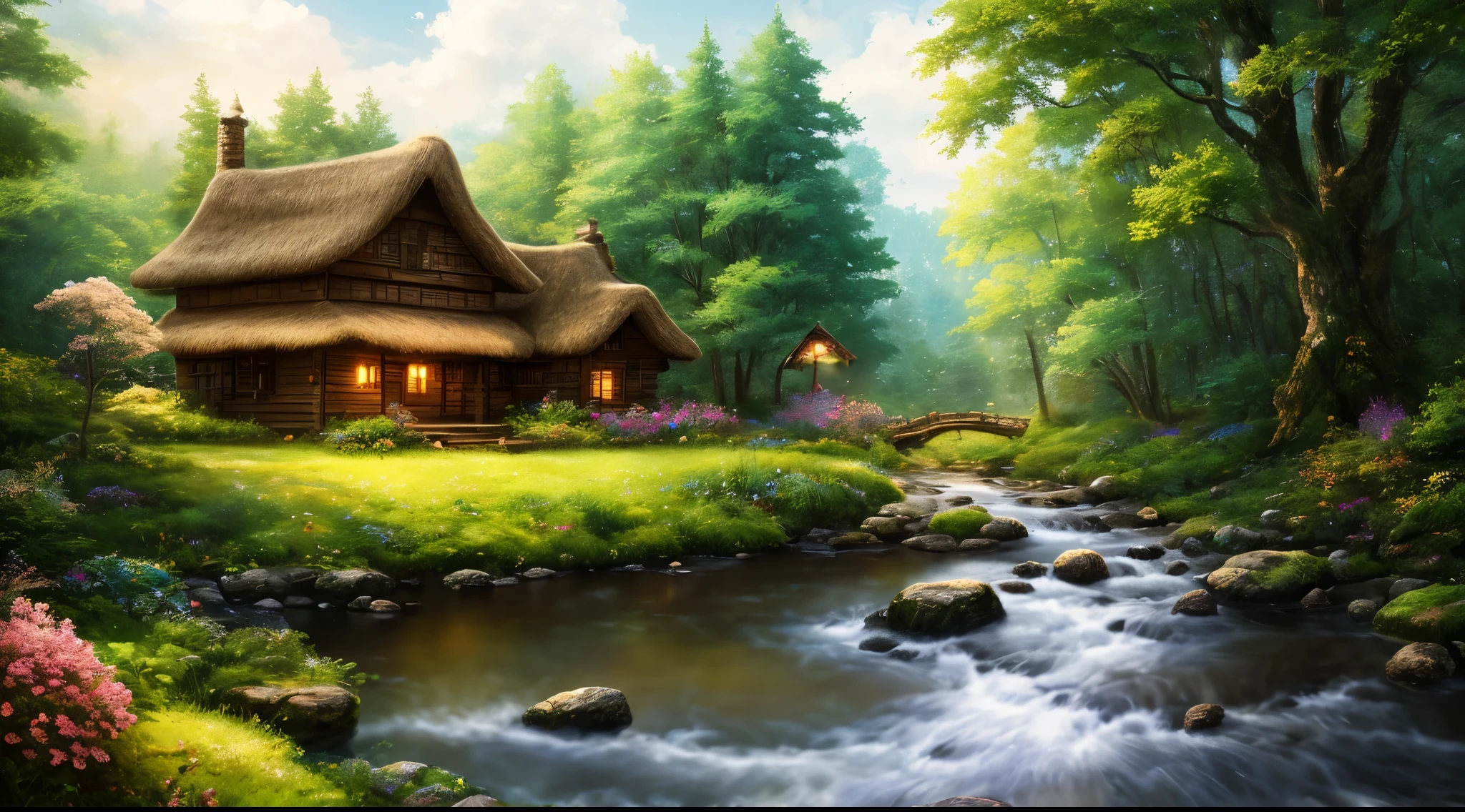 masterpiece, 最high quality, high quality,Very detailed CG unity 8k wallpaper, Enchanting and dreamy fantasy forest scenery, Beautiful cottage by the stream,stone bridge,Towering Tree々with, Glowing Flower, hidden fairy valley, Creates a sense of mystery and fascination, artステーション, digital illustration, Complex, trend, pastel colour, oil, Award-winning photography, Bokeh, Depth of written boundary, High resolution, bloom, chromatic aberration ,Realistic,Very detailed, trend on artステーション, trend on CGsociety, Complex, Attention to detail, dramatic, art:Mid Journey