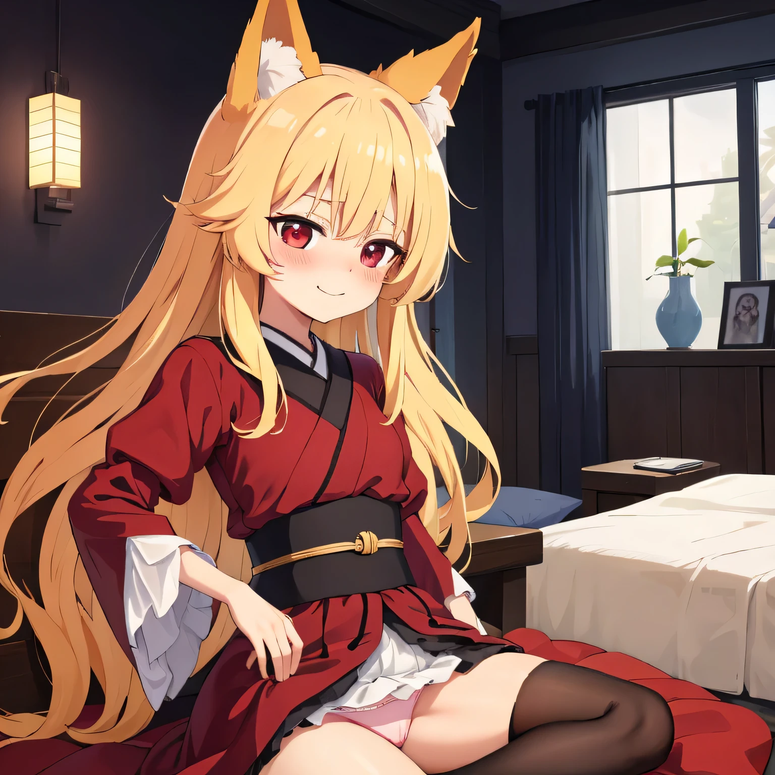 highest quality、、Fox ears、Long blonde、Red Eye、Panty shot、smile、blush、Japanese-style room