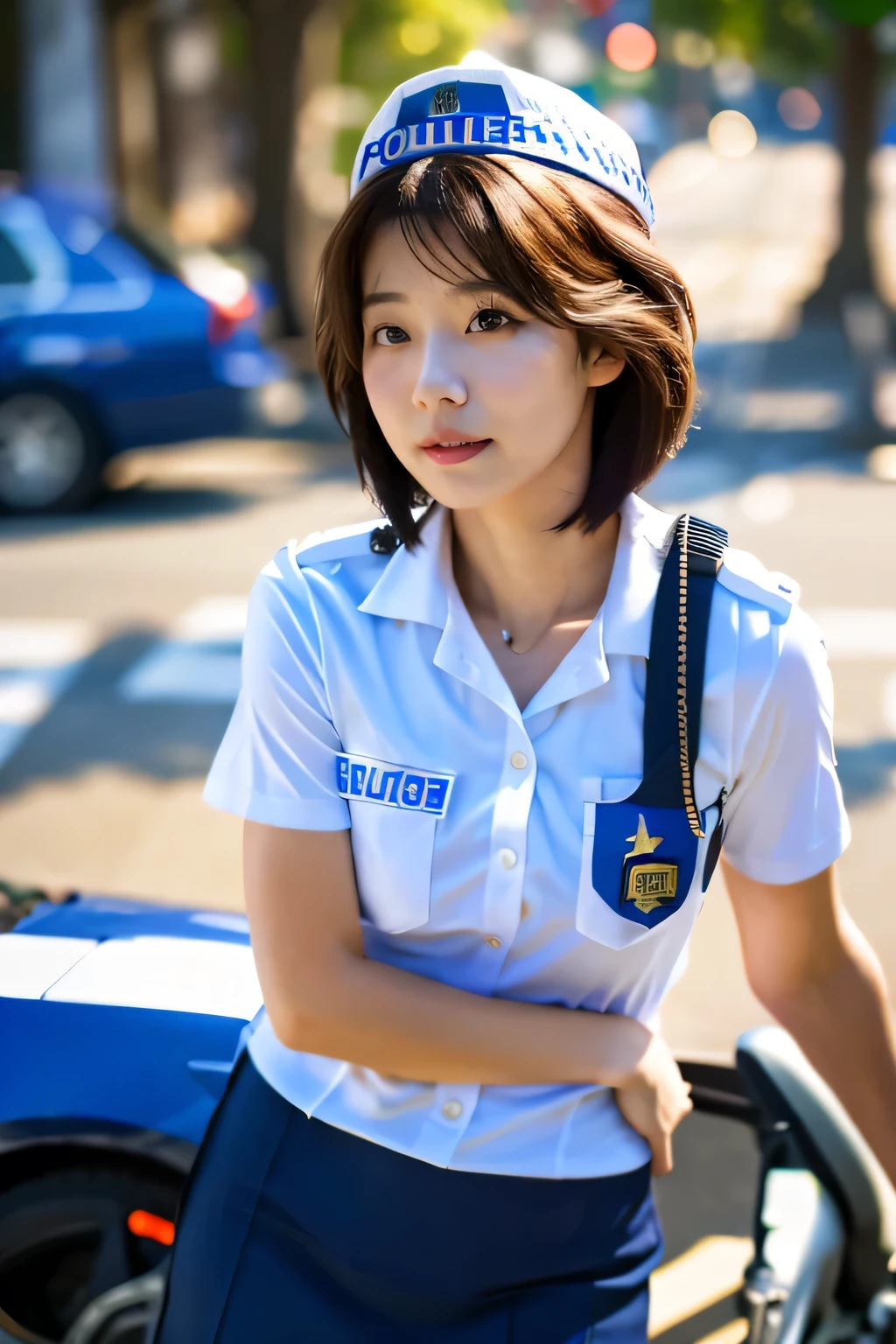 highest quality, Photorealistic, Very detailed, finely, High resolution, 8K Wallpaper, Professional, High level of detail, ((One 18 year old girl:1.2)), Slender Japanese women,Pretty lips, (Long eyelashes:1.2)、Detailed clavicle, Perfect Face, (Cute short bob hair:1.5),Top Quality，Ultra-clear resolution，Clear Eyes，Sunburned skin，Perfect breasts，have perfect legs，Focus on the legini skirt、(Policewoman uniform:1.5)、Sexy pose at the intersection、