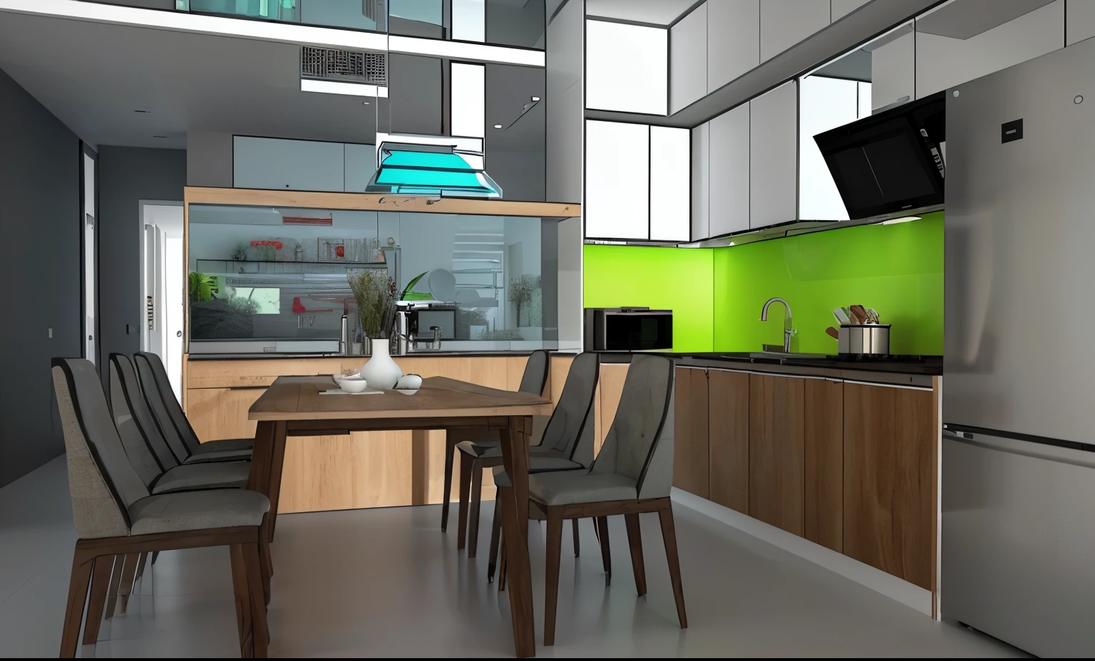 there is a drawing of a kitchen with a dining table and chairs, residential design, 3d rendering, 3 d rendering, 3d design, 3 d design, concept house, apartment design, detailed rendering, 2 d cg, 2 d render, interior design, fishes floating in bedroom, interior design architecture, cg rendering, kitchen, show room scene, hd rendering