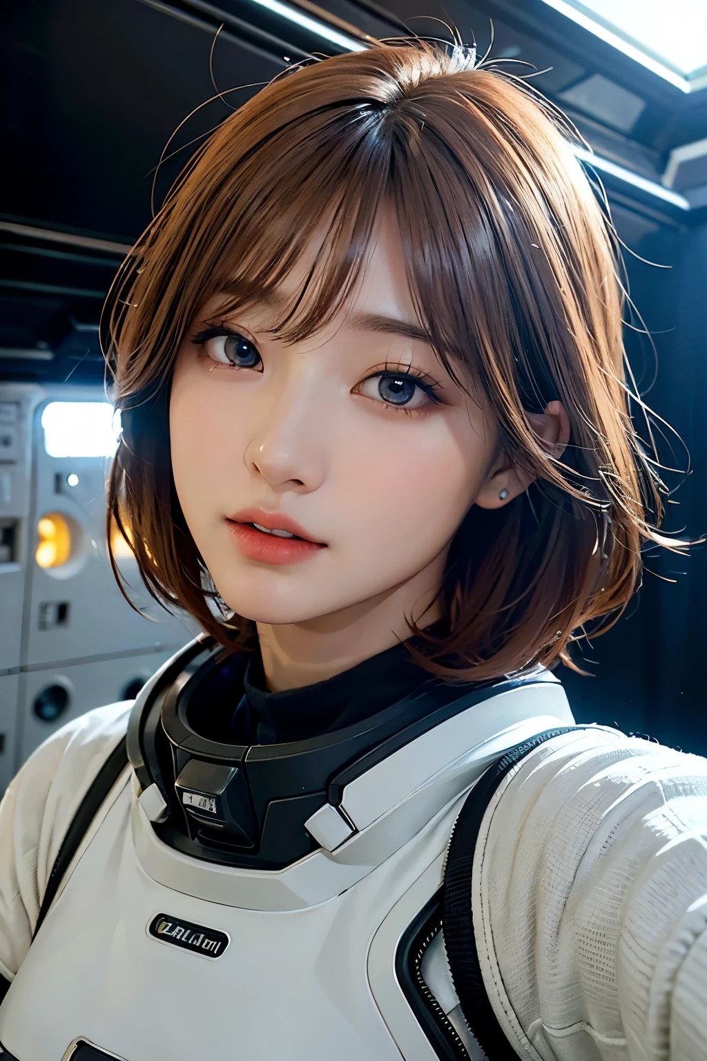 Ultra-high resolution、(Real:1.4)、One beautiful woman、Beautifully detailed eyes and skin、Light brown short hair、Spacesuit、Space Station、Spaceship、Bright interior、Remains、Cloudy、Sci-Fi Taste、Movie quality、dramatic、Dramatic composition、
