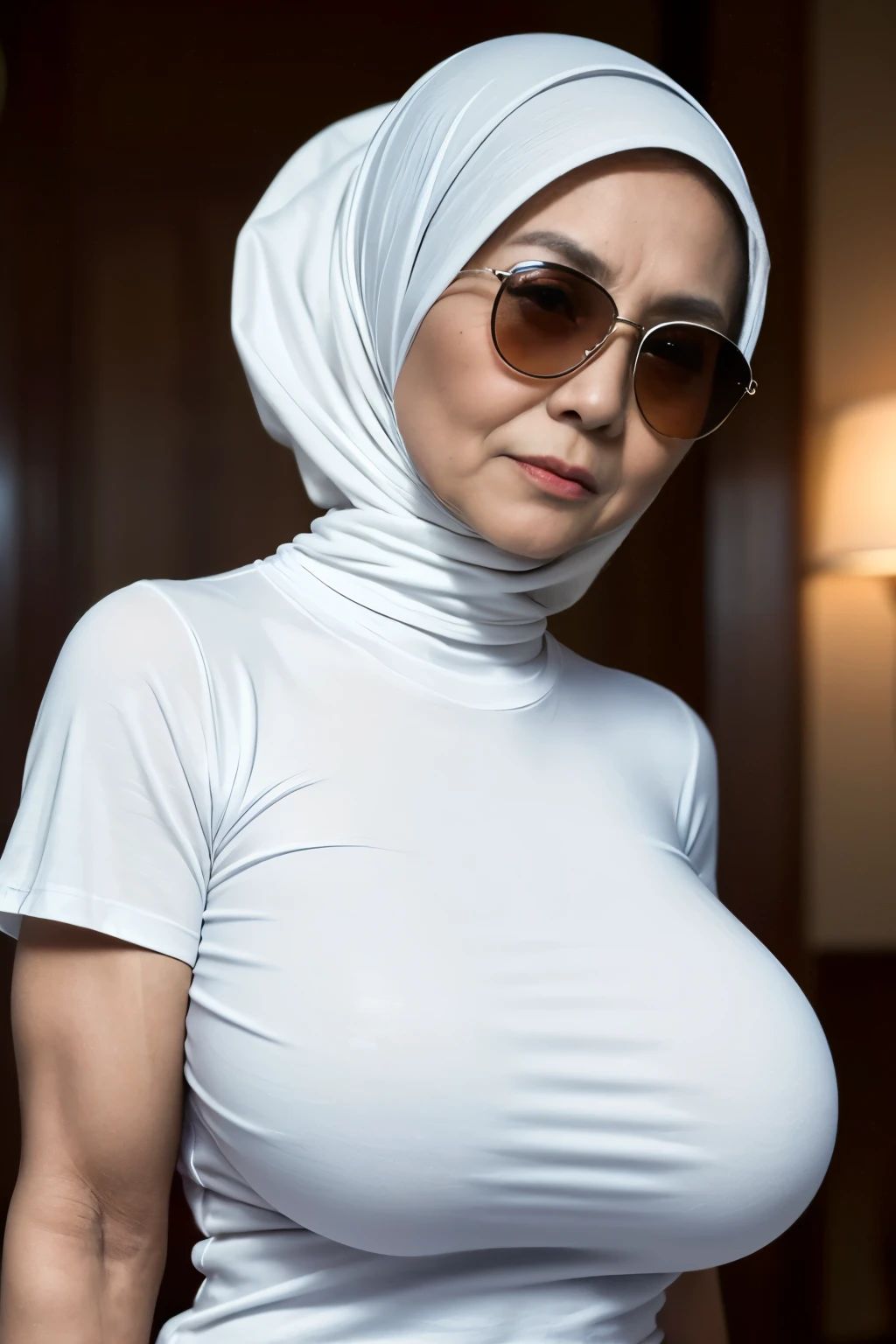 ((Old Lady:1.6)), ((SHORT HIJAB)), ((Gigantic tits:1. 3)), (dynamic photograph of a 58 year old Indonesian woman), (slim top, cotton panties), (straight non curly hair), (highly detailed face:1.4), (vascular muscles and abs:1.3), (background inside light, bright, private gym:1.1), (8k, uhd, dslr, high quality, cinematic lighting, bokeh), (dramatic, award winning photography, incredible masterpiece:1.3), (((sexy sultry stare at camera:0.8))), ((she is ready to dominate you:0.5)), ((beautiful feminine face)), add_detail:1, (((wearing huge size t-shirt white without pictures ))), (((sunglasses)))