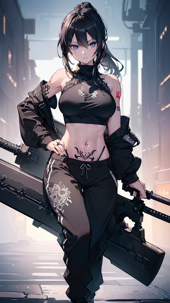 (((((extremely detailed CG unity 8k wallpaper)))), (((ultra-detailed))), (((extremely detailed))), (((best illustration))), best illumination, ((extremely delicate and beautiful)), ((an extremely delicate and beautiful girl)), colourful, modern, (tokyo (city)), ((girl (solo))), ((finely detailed beautiful eyes and detailed face)), (((black hair))), (((really long ponytail))), no bangs, shiny hair, ((blue eyes(glowing))), beautiful detailed eyes, mature female, delinquent girl, ((black tattoo on thigh)), slender, medium breast, (((intricate details))), (((hold big Claymore with 1 hand))), (black crop top sweatshirt), (black jogger pants), sport shoes, bishoujo, smile, cold stare, cool