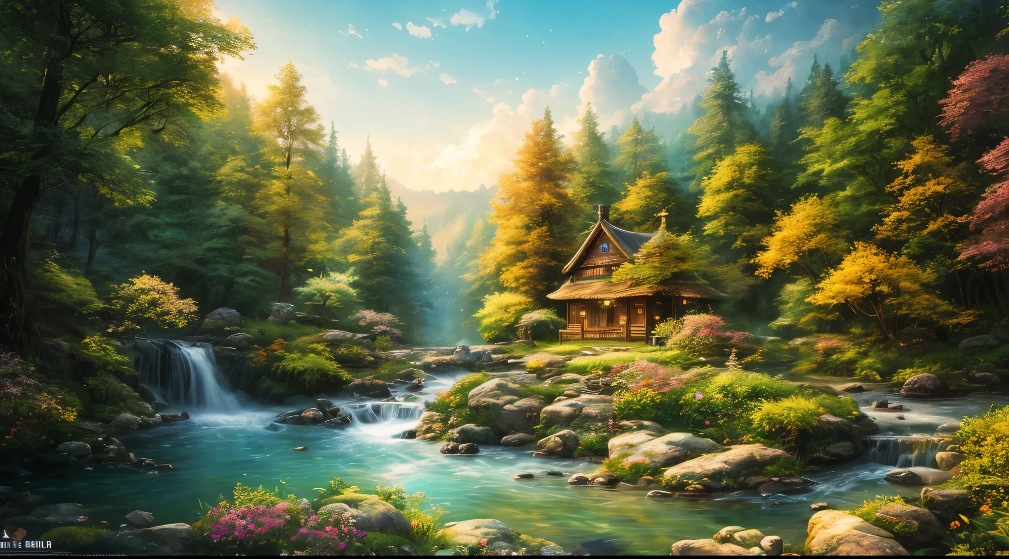 masterpiece, 最high quality, high quality,Very detailed CG unity 8k wallpaper, Enchanting and dreamy fantasy forest scenery, Beautiful cottage by the stream,stone bridge,Towering Tree々with, Glowing Flower, hidden fairy valley, Creates a sense of mystery and fascination, artステーション, digital illustration, Complex, trend, pastel colour, oil, Award-winning photography, Bokeh, Depth of written boundary, High resolution, bloom, chromatic aberration ,Realistic,Very detailed, trend on artステーション, trend on CGsociety, Complex, Attention to detail, dramatic, art：Mid Journey