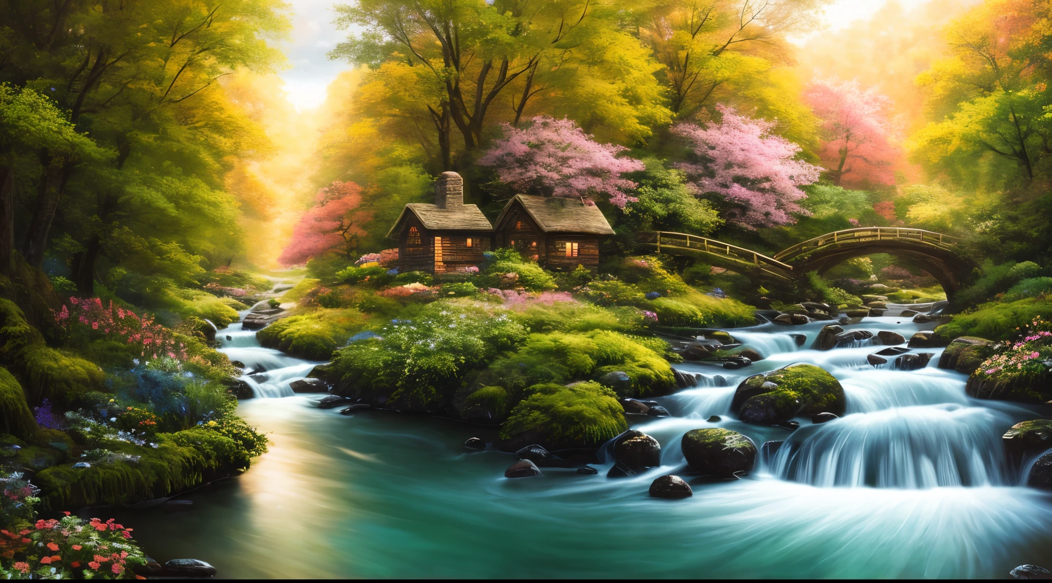 masterpiece, 最high quality, high quality,Very detailed CG unity 8k wallpaper, Enchanting and dreamy fantasy forest scenery, Beautiful cottage by the stream,stone bridge,Towering Tree々with, Glowing Flower, hidden fairy valley, Creates a sense of mystery and fascination, artステーション, digital illustration, Complex, trend, pastel colour, oil, Award-winning photography, Bokeh, Depth of written boundary, High resolution, bloom, chromatic aberration ,Realistic,Very detailed, trend on artステーション, trend on CGsociety, Complex, Attention to detail, dramatic, art：Mid Journey