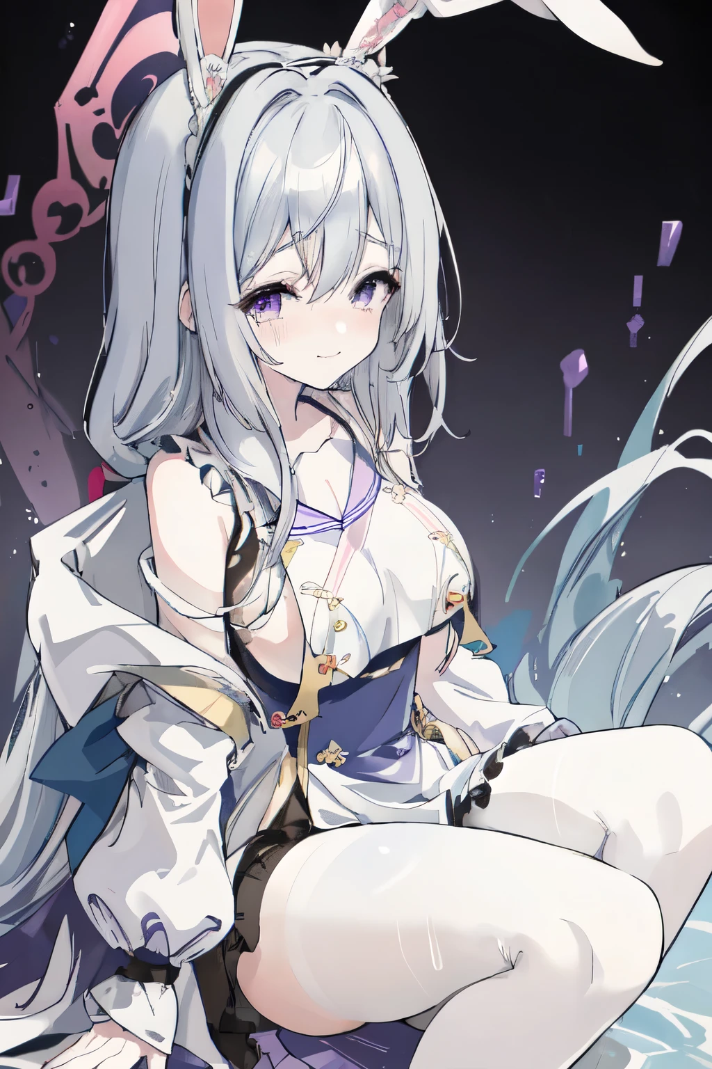 Pale blue hair, hair over shoulder, long hair, wet hair, ribbon, ta hairband, mole under eye, happy tears, purple eyes, smile, shy, SFW, no sleeves, white panty, breast curtain, bunny ears, Open clothes, panties_down_pantyhose, Sitting , showing legs , 8k, super detail