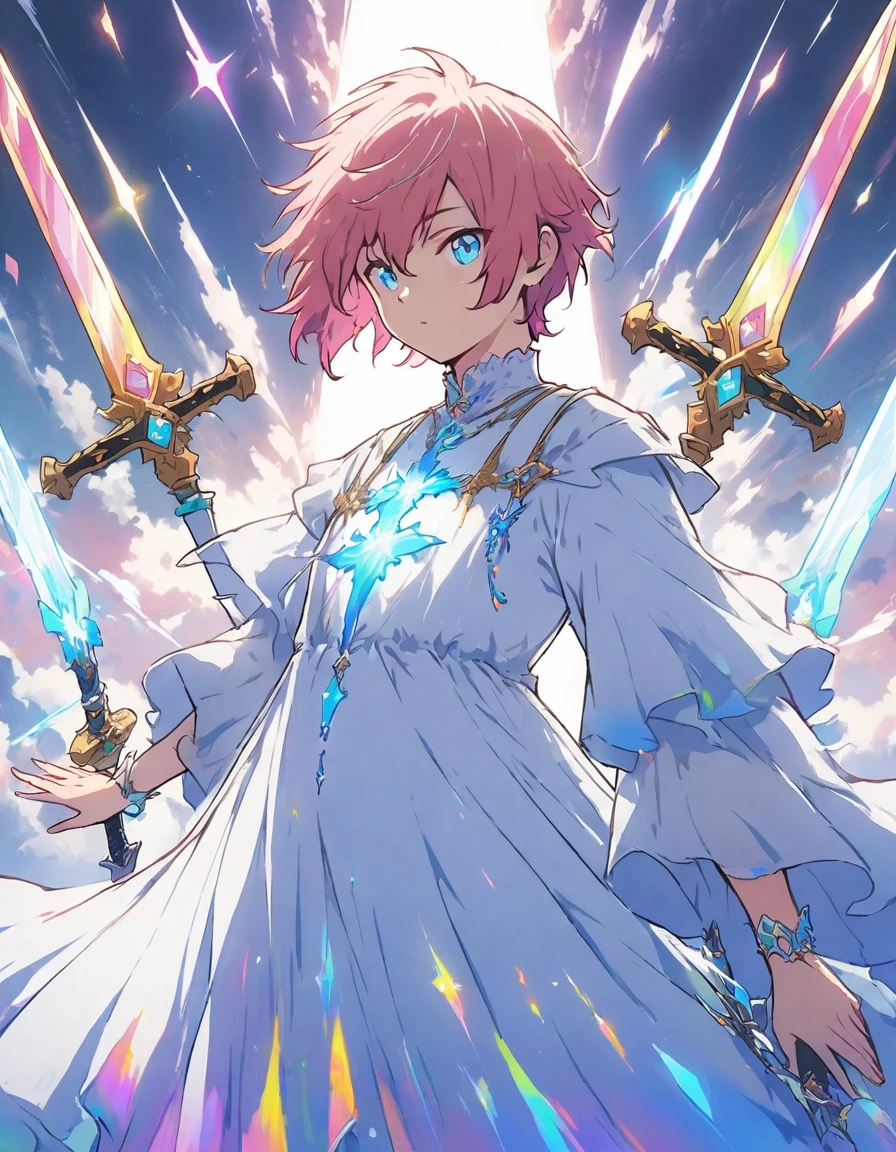 (ung man:1.4、Brave)、(Handsome)、Fantasy、(White and light blue dress:1.5)、(twin sword:1.4)、(highest quality、masterpiece、High resolution、detailed)、animeスタイル、Flat Style、(eyes shining iridescent colors illuminated light,、detailed美しい顔), BREAK,extremely detailed、Slashing Effects、cool、Full Body、Dynamic Angle、anime