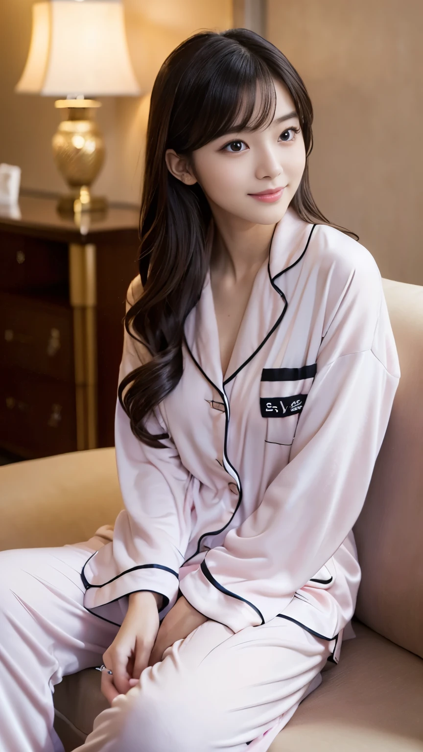 Best-quality, Masterpiece, Ultra-High-Resolution, (Photorealistic:1.9), Raw-Photo, 1girl, 18-years-old, the most famous Japanese idol, at luxury-hotel-suits, dynamic-pose, (((wearing only gorgeous pajamas))), ((extremely cute face like the most popular Japanese idol, ((extremely cute and extremely big black-eyes)), extremely beautiful hair, extremely cute lips, extremely beautiful skins)), innocent-smile, detailed luxury-hotel-suits, detailed gorgeous-evening-dress