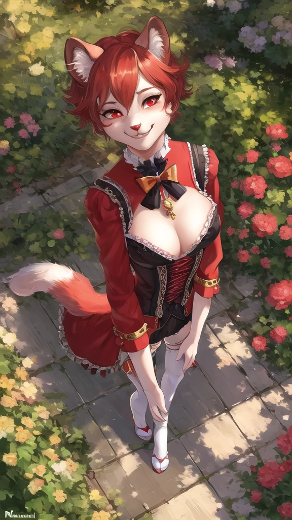 uploaded on e621, by personalami, Michael & Inessa Garmash, Ruan Jia, Pino Daeni, garden, solo (bright red) ((female)) anthro, (high angle shot), detailed face, detailed eyes, detailed fluffy fur, fluffy tail, short hair, digitigrade, seductive pose, suit, fancy pants, digital painting, natural lighting, cleavage, photorealistic (pinup) (Victorian clothing) medals (smug face) smiling (cocky), eyewear, steampunk, golden jewelry, (furry hands)