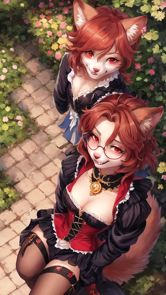 uploaded on e621, by personalami, Michael & Inessa Garmash, Ruan Jia, Pino Daeni, garden, solo (bright red) ((female)) anthro, (high angle shot), detailed face, detailed eyes, detailed fluffy fur, fluffy tail, short hair, digitigrade, seductive pose, suit, fancy pants, digital painting, natural lighting, cleavage, photorealistic (pinup) (Victorian clothing) medals (smug face) smiling (cocky), eyewear, steampunk, golden jewelry, (furry hands)