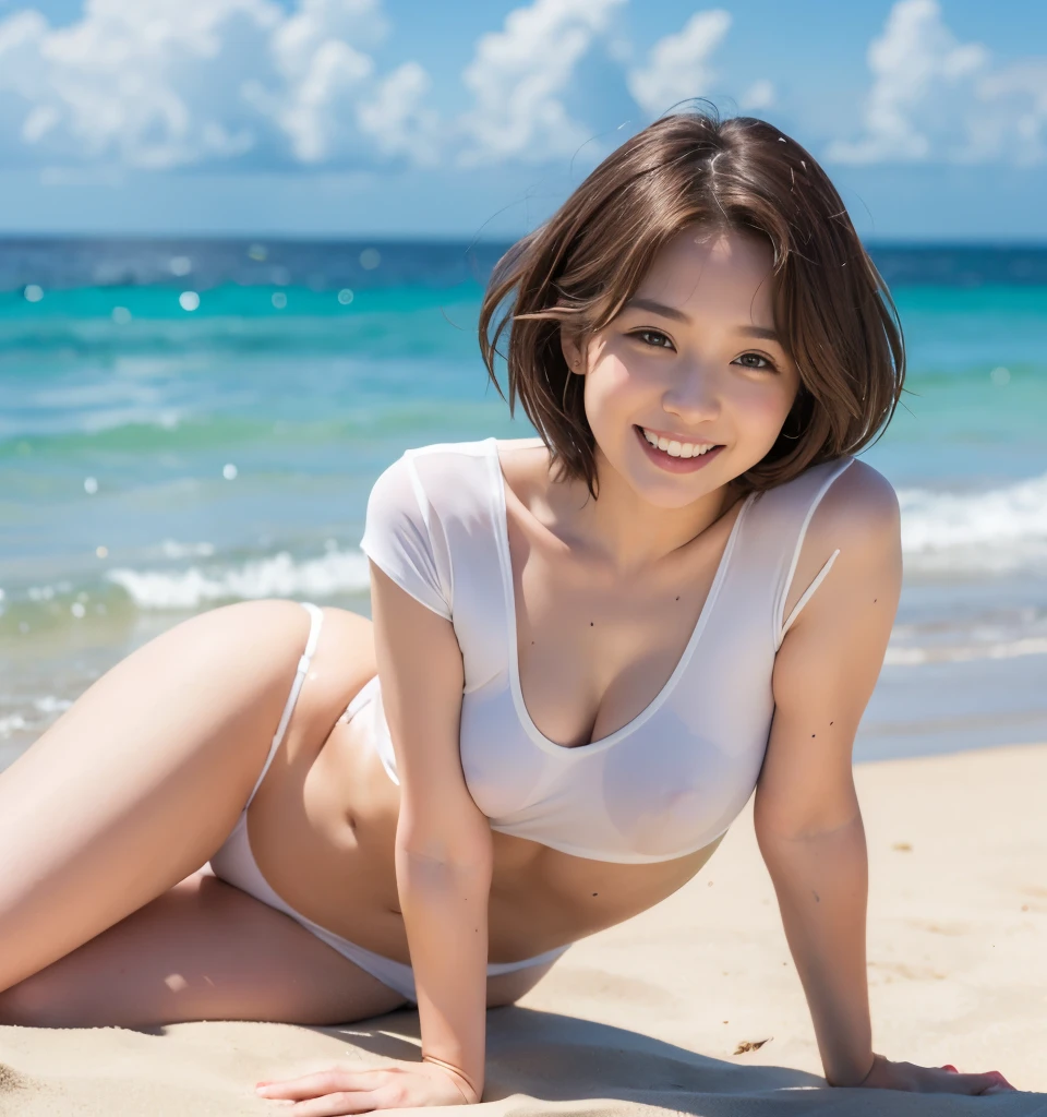 highest quality、8k、No makeup、masterpiece、Ultra-high resolution、Clear photos、Realistic、Realistic、Professional Lighting、Natural light、Very cute girl、Idle class、smile、Tight waist、Wearing a white shirt、Highly detailed skin、Beautiful Hair、Very short bob hair、Brown Hair、smile、Sit on the sand:1.2、Under the blazing sun、Wearing a wet white swimsuit.:1.8、Full body photo:1.6