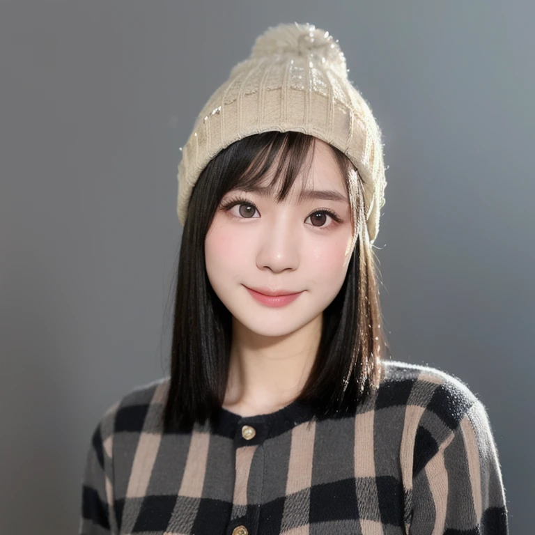 (kawaii 24 year-old Japanese girl, Nogizaka idol, Korean idol), (glossy black hair, short bob, even and symmetric hair design:1.3), (deep black eyes, rounded face, single eyelid, no makeup, soft smiling:1.2), (wearing check patterned longsleeved flannel shirt, knitted beanie:1.3), (extra small breasts:0.9), (facing straight at camera:1.2), BREAK, (simple grey background, yearbook background:1.3), (portrait, id photo, bust shot, view from straight forward:1.3), (keep enough top margin to avoid the head cropped:1.3), BREAK, (masterpiece, best quality, photo realistic, official art:1.4), (UHD, 8K quality wallpaper, high resolution, raw photo, golden ratio:1.3), (shiny skin), professional lighting, physically based rendering, award winning, (highly detailed skin, extremely detailed face and eyes), Carl Zeiss 85 mm F/1.4, depth of field, 1girl, solo,