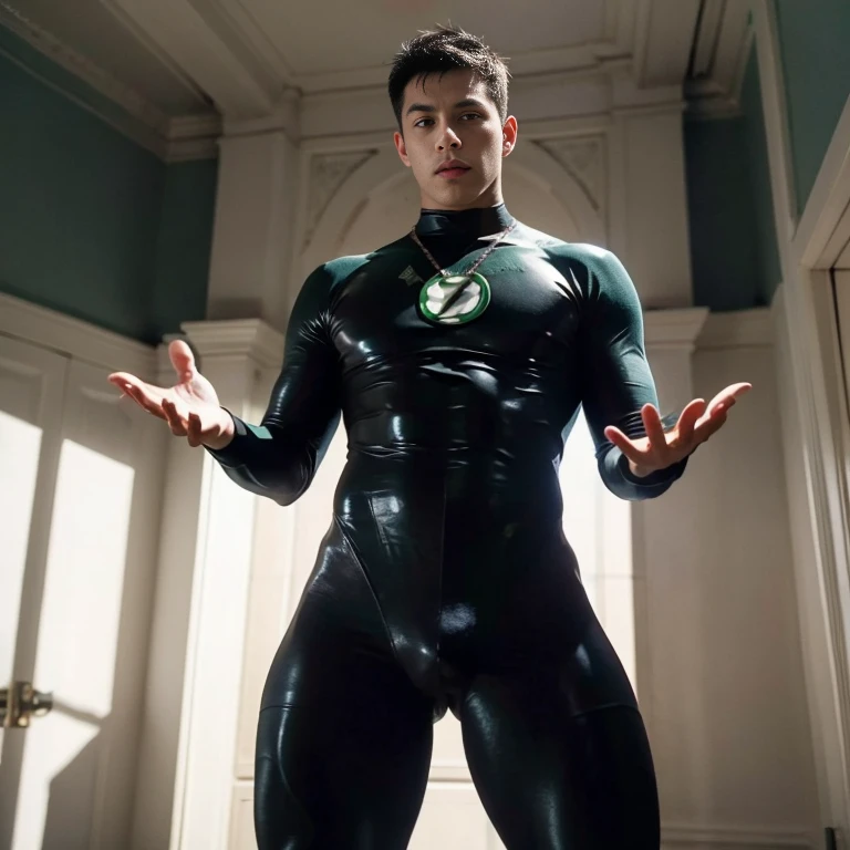 Green Lantern by DC Comics, In the fortress of solitude, Parece legal, (ultra realisticlustration), (high resolution), (8k), (Very detailed), (best illustration), (best quality), (ultra detalhado), (master part), solo, (dinamismo), Dark Studio, traje azul com bandeira do brasil , latex , full length shot , huge bulge , angle from bottom, nsfw , sexy , eroticism , super tight bodysuit , ((bare thighs)) , high waisted bodysuit , ((bare buttocks)) , sexy , exposed , torn outfit , puffy nipples , masculine boy , phat hips , wide hips , wide pelvis , Big butt ,Wide pelvis , thick thighs , Fat buttocks , Put your hands too high behind your head