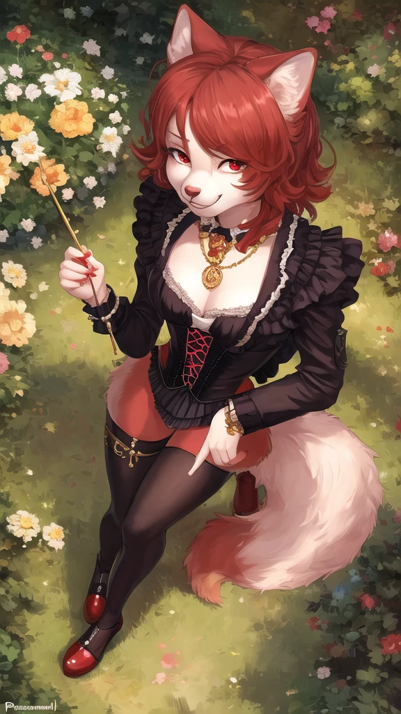 uploaded on e621, by personalami, Michael & Inessa Garmash, Ruan Jia, Pino Daeni, garden, solo (bright red) ((female)) anthro, (high angle shot), detailed face, detailed eyes, detailed fluffy fur, fluffy tail, short hair, digitigrade, seductive pose, suit, fancy pants, digital painting, natural lighting, cleavage, photorealistic (pinup) (Victorian clothing) medals (smug face) smiling (cocky), eyewear, steampunk, golden jewelry, (furry hands)