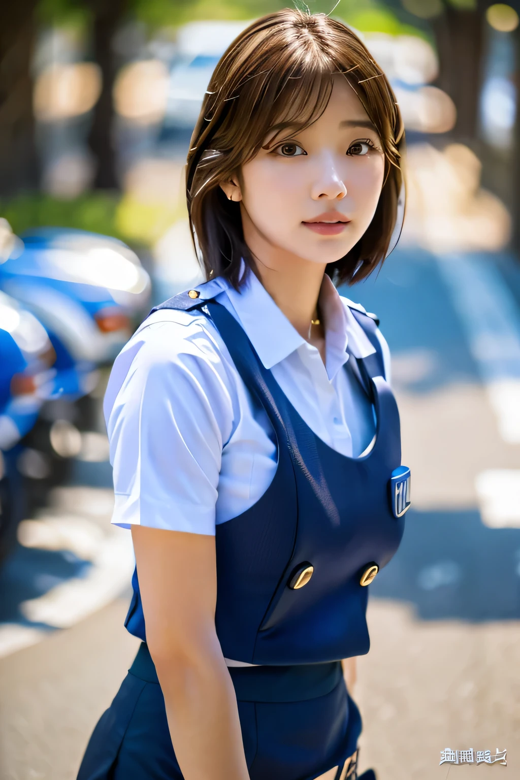 highest quality, Photorealistic, Very detailed, finely, High resolution, 8K Wallpaper, Professional, High level of detail, ((One 18 year old girl:1.2)), Slender Japanese women,Pretty lips, (Long eyelashes:1.2)、Detailed clavicle, Perfect Face, (Cute short bob hair:1.5),Top Quality,Ultra-clear resolution,Clear Eyes,Sunburned skin,Perfect large breasts,have perfect legs,Focus on the legini skirt、(Policewoman uniform:1.5)、Sexy pose at the intersection、