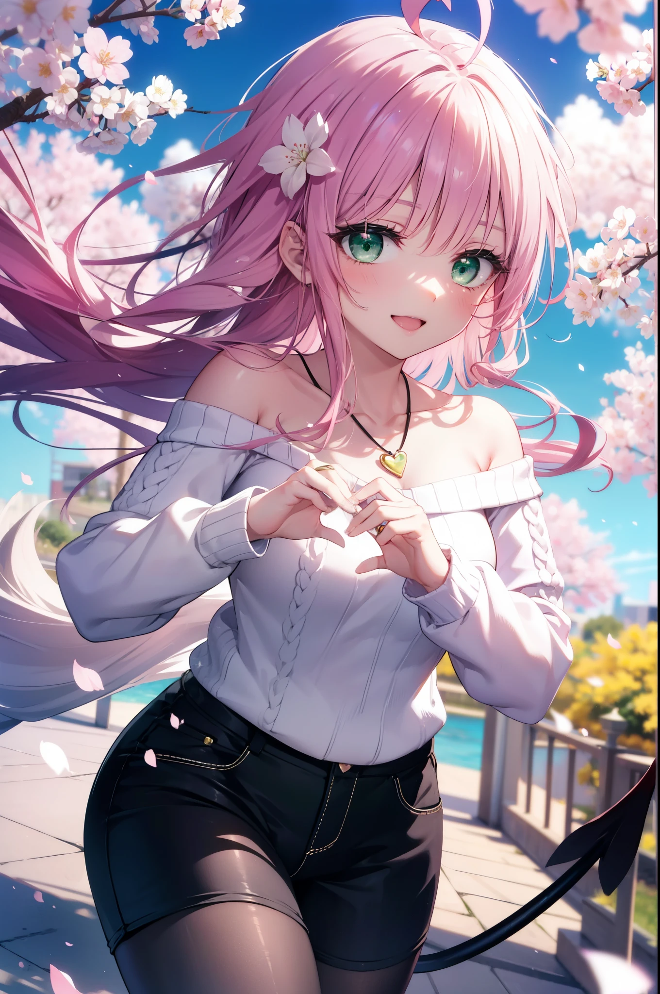 Lara Deviluke, Lara Deviluke, Long Hair, Pink Hair, tail, Ahoge, bangs, hair ornaments, (Green Eyes:1.5), happy smile, smile, Open your mouth,demon tail,Off-the-shoulder sweater,Exposing shoulders,bare clavicle,Bare neck,Heart Pendant,Shorts,Black Pantyhose,short boots,Cherry blossoms are blooming,Cherry blossoms are scattered,Cherry blossom tree-lined path,Daytime,Clear skies,
break outdoors, city,ビル街
break looking at viewer, (Cowboy Shot:1. 5)
break (masterpiece:1.2), highest quality, High resolution, unity 8k w全てpaper, (shape:0.8), (beautiful detailed eyes:1.6), extremely detailed face, Perfect lighting, extremely detailed CG, (Perfect hands, Perfect Anatomy),