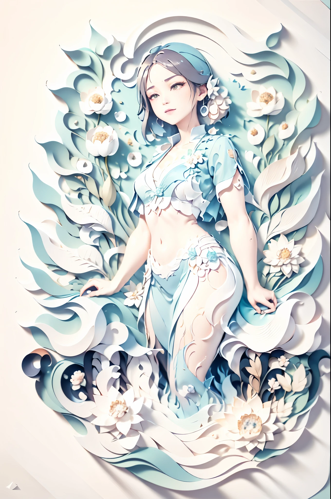 (Digital art,Paper Cutting:1.2),Mountains, Trees, river,Flowers,lotus, (Oriental elements, Chinese colors, Advanced color matching), (3D Sculpture,Octane Rendering,Volumetric Light,Natural soft lighting,), (Ultra-delicate:1.2, Loss of focus:1.2, Colorful, Movie Lighting, Chiaroscuro,Ray Tracing), masterpiece, Super rich,Ultra Detailed,8k