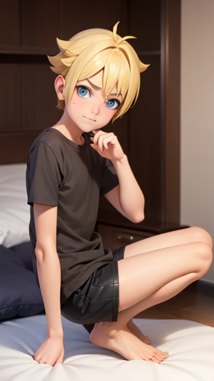 Male, slim, Cute, bright eyes, Short blond hair, in bedroom , looks shyly at the viewer, male top, shorts, squatting 