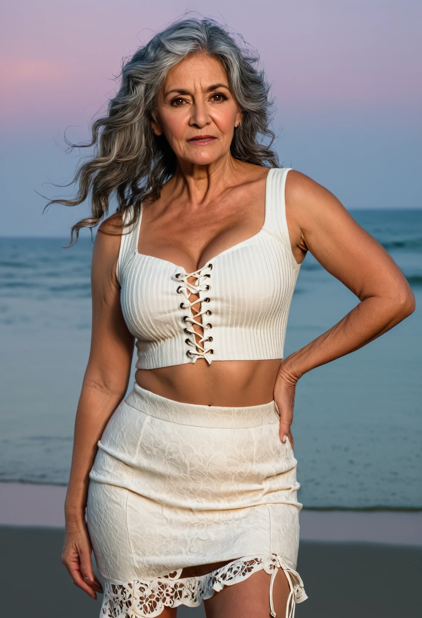 (50 year old Spanish woman, wrinkles, grey hair, curvy, big breast, slim, long wavy hair, big brown eyes, thick lips) white crop top, lace-up detail, textured skirt, cream color, sleeveless, midriff-baring, soft lighting, eye-level shot, center-framed, standing upright, hand in hair, facing camera, sandy beach, sunset lighting, coastal vegetation, wooden post